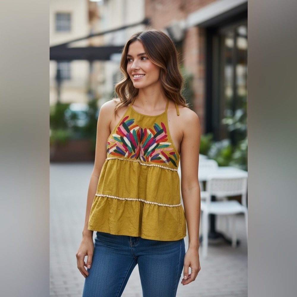 THML Mustard Embroidered Halter Camisole